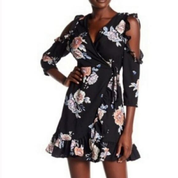 NEW Romeo & Juliet Couture Black Floral Faux Wrap Mini Dress S Cold Shoulder - Picture 1 of 10